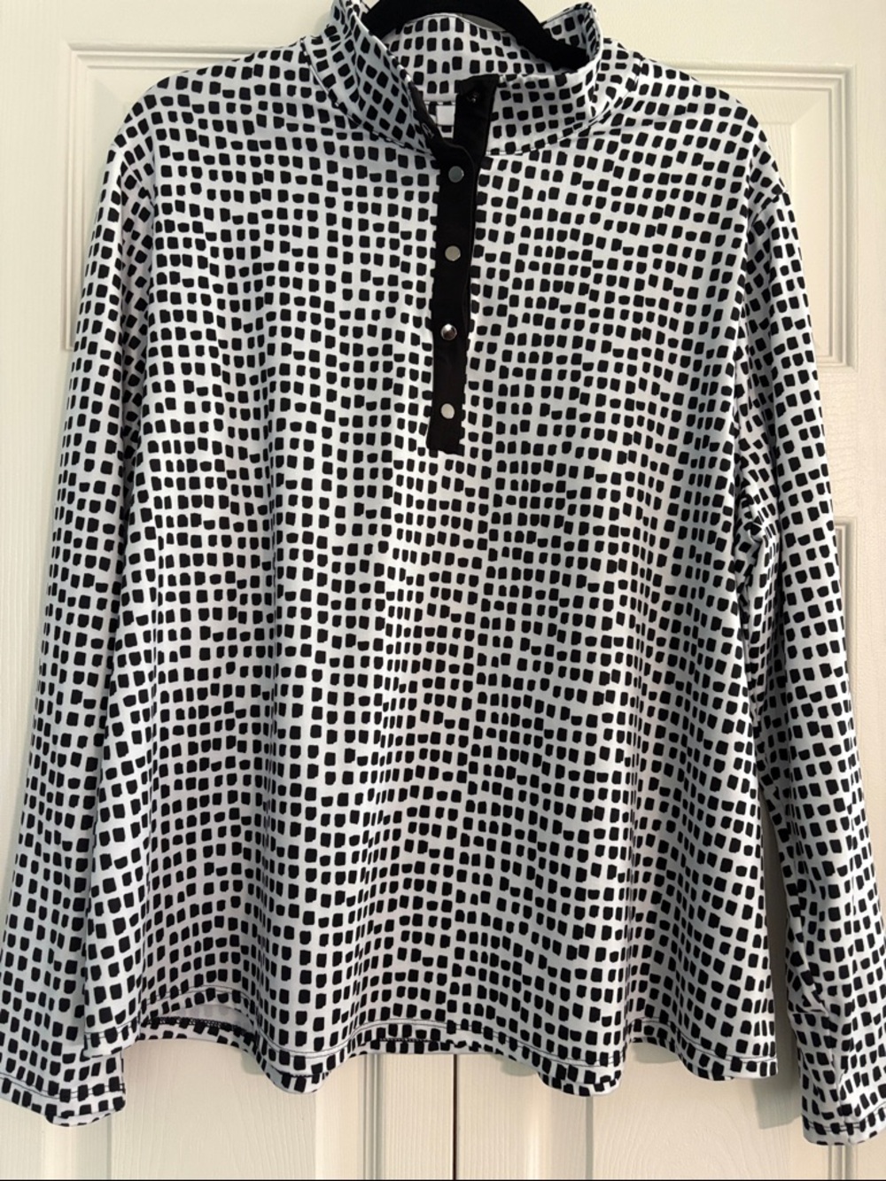 Chico's Black and White Grid Snap-Front Top